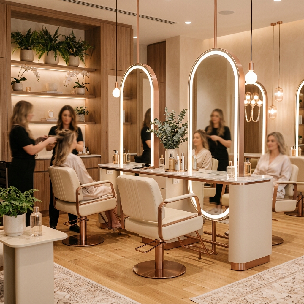 Luxury salon interior with warm ambient lighting